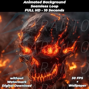 Könnte beinhalten: Animierter Hintergrund mit einem feurigen Schädel mit leuchtend orangefarbenen Augen. Der Schädel besteht aus schwarzem Gestein, durch dessen Risse Lava fließt. Der Hintergrund ist ein dunkler, rauchiger Nebel mit Flammen.