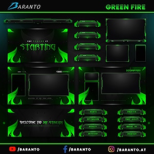 Pode incluir: Modelo de sobreposição de stream do Twitch verde e preto com o texto "GREEN FIRE" e "THE STREAM IS STARTING" em uma fonte estilizada. A sobreposição inclui seções para bate-papo, doações, links de mídia social e muito mais.