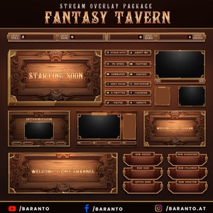 Könnte beinhalten: Ein Fantasy-Tavernen-gestaltetes Twitch-Stream-Overlay-Paket mit einem Hintergrund aus Holz und goldenen Akzenten. Das Overlay enthält einen Startbildschirm, einen Unterbrechungsbildschirm, einen Willkommen-auf-meinem-Kanal-Bildschirm und verschiedene Social-Media-Buttons.