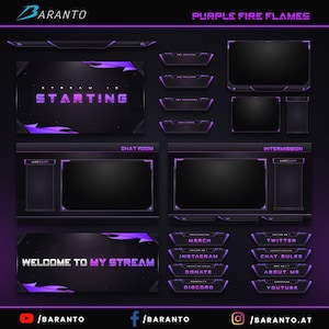 May include: Purple and black Twitch stream overlay design with the text "STREAM IS STARTING" and "WELCOME TO MY STREAM". The overlay includes sections for chat, live chat, intermission, merch, Twitter, Instagram, chat rules, donate, Discord, and YouTube.