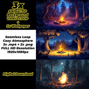 May include: A digital download of 3 animated video loops and 3 static images of a campfire in a forest at night. The video loops are seamless and feature a cozy atmosphere. The images are in full HD resolution, 1920x1080 pixels.