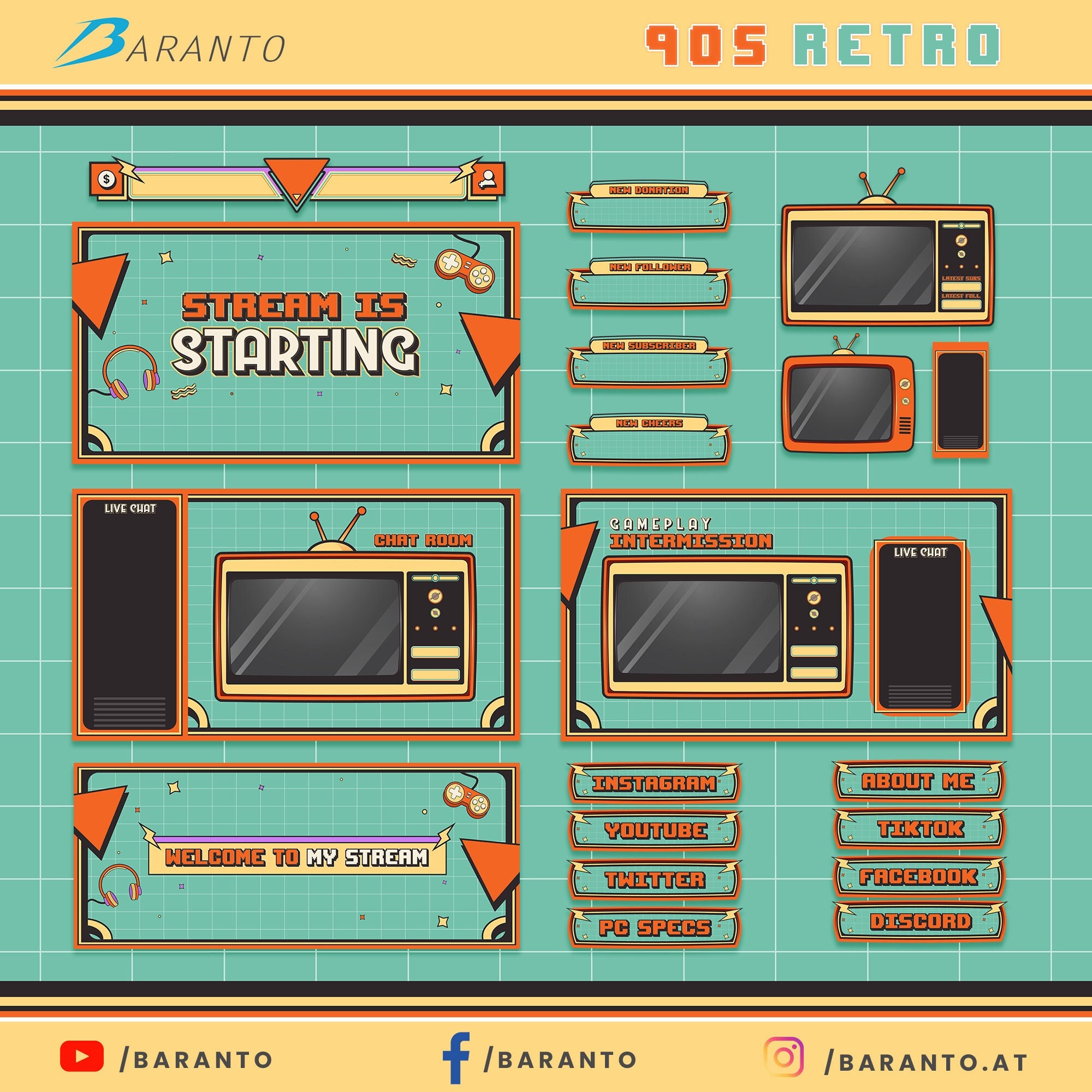 Animated 90s Retro Overlay Twitch Package | Instant Download / Ready to Use / Streamer / Streaming / Gaming