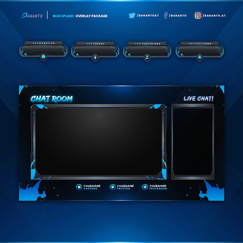 Animated Blue Splash Overlay Twitch Package Instant Download / Ready to Use Streamer Streaming