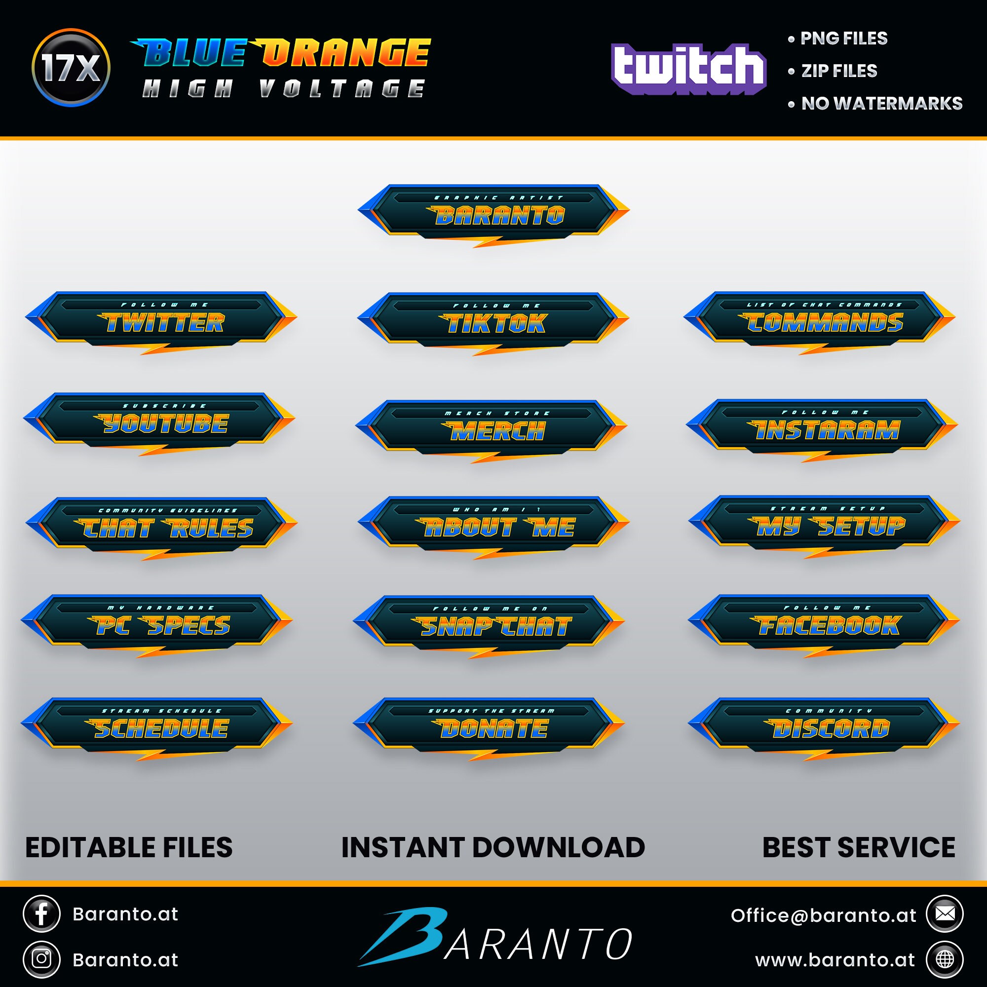 17x Twitch Panels Pack Black Blue Orange High Voltage Series Clean ...