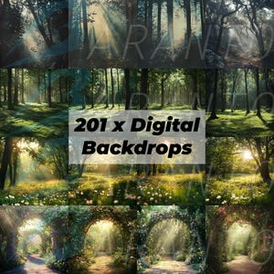 Könnte beinhalten: Eine Sammlung digitaler Hintergründe mit verschiedenen Waldszenen, durch die Sonnenlicht scheint. Die Bilder zeigen üppiges Grün, florale Elemente und Torbögen, mit dem Text "201 x Digital Backdrops" überlagert.