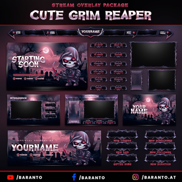 Animated Cute Grim Reaper Halloween Twitch Overlay Package | Custom names | Instant Download / Ready to Use - Streamer - Streaming - Gaming