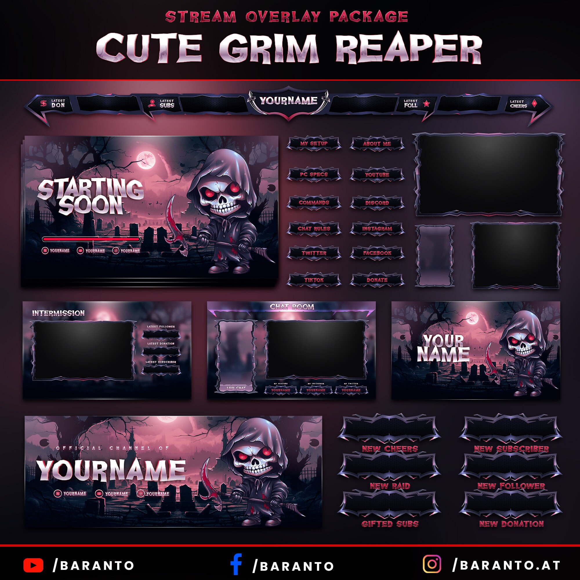 Animated Cute Grim Reaper Halloween Twitch Overlay Package Custom Names ...