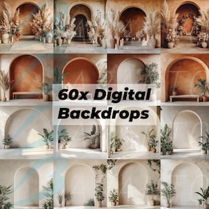 Könnte beinhalten: Ein Set mit 60 digitalen Hintergründen mit gewölbten Durchgängen in verschiedenen Texturen und Farben. Die Hintergründe sind mit Grünpflanzen, Pflanzen und anderen natürlichen Elementen dekoriert. Die Hintergründe sind perfekt für Fotografen und Videografen, die einzigartige und stilvolle Fotos und Videos erstellen möchten.