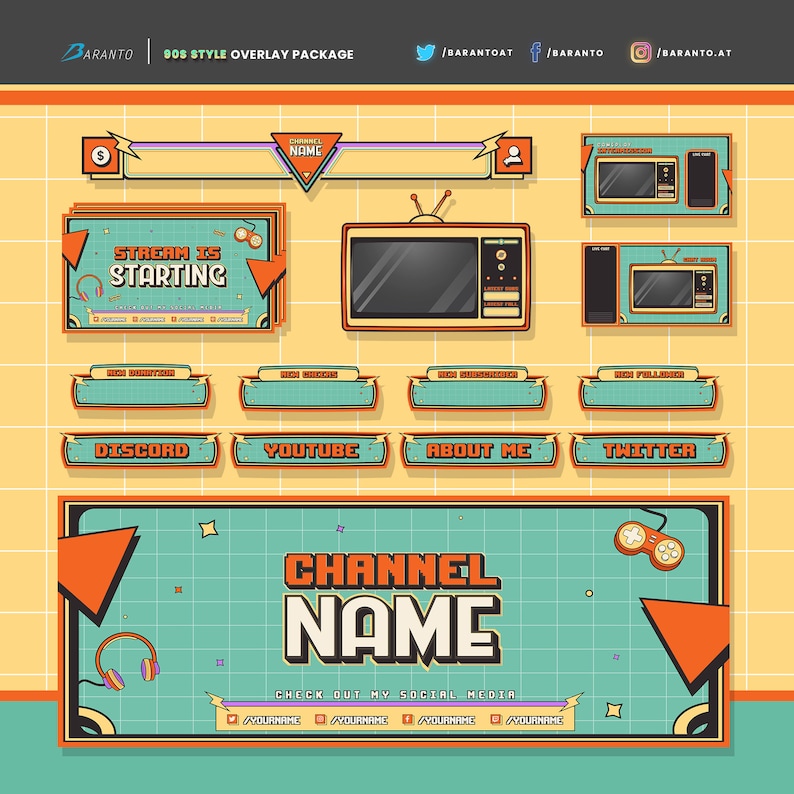 Animated 90s Retro Overlay Twitch Package Instant Download / Ready to