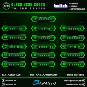 Peut inclure: Un ensemble de 17 panneaux Twitch verts et noirs avec des contours vert néon. Les panneaux présentent du texte tel que "Designer", "Twitter", "TikTok", "Commandes", "YouTube", "Merch", "Instagram", "Règles du chat", "À propos de moi", "Ma configuration", "Spécifications du PC", "Snapchat", "Facebook", "Horaire", "Faire un don" et "Discord". Les panneaux sont conçus pour être utilisés sur les flux Twitch.