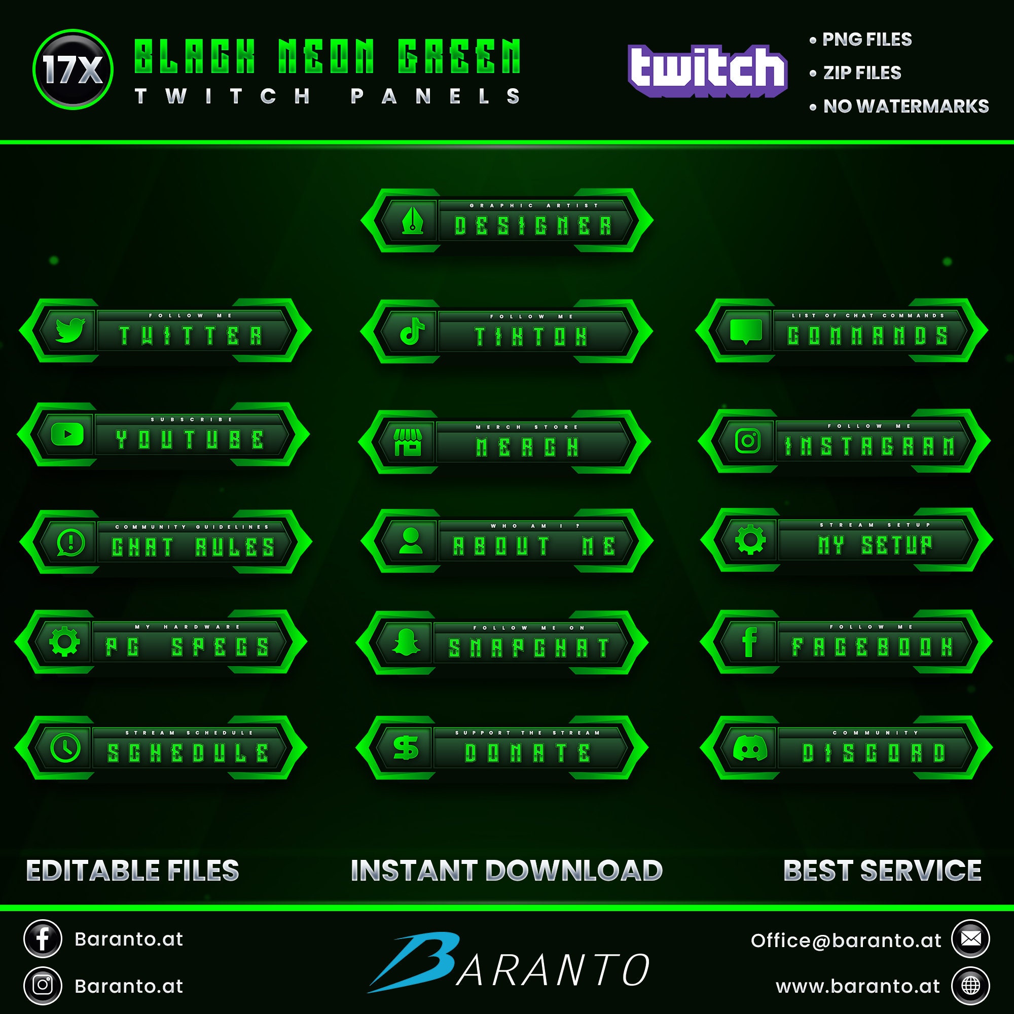 17x Twitch Panels Pack Black Neon Green Series | Twitch Panel