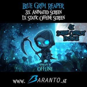 Könnte beinhalten: Digitales Kunstpaket mit einem blauen Sensenmann-Charakter mit leuchtend blauen Augen, der eine Sense hält. Der Text enthält "Blue Grim Reaper", "3X Animated Screen" und "Stream is Offline". Der Hintergrund zeigt einen Friedhof.