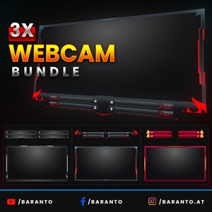 Könnte beinhalten: Ein Set aus drei schwarzen und roten Webcam-Overlays mit rotem und weißem Rand. Die Overlays haben einen schwarzen Hintergrund mit rotem und weißem Rand. Der Text "3X WEBCAM BUNDLE" wird oben im Bild angezeigt.