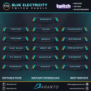 17x Blue Electricity Twitch Panels Pack | Dark |  Streaming Twitch Panels | Stream Panels | Instant Download