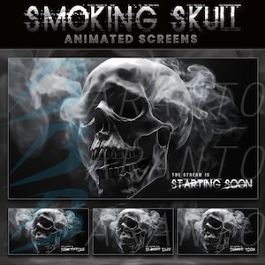 Può includere: Grafica digitale con un teschio in scala di grigi con effetti fumo. Il testo "SMOKING SKULL ANIMATED SCREENS" è in alto. Sotto, il testo recita "THE STREAM IS STARTING SOON". Schermate aggiuntive dicono "NOW OFFLINE", "BE RIGHT BACK" e "ENDING SOON".