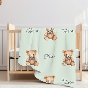 Teddy Bear Swaddle Blanket Personalized Baby Name Blanket Cute Animal Blankets Soft Blankets Custom Name Blanket Unique Baby Gift image 1