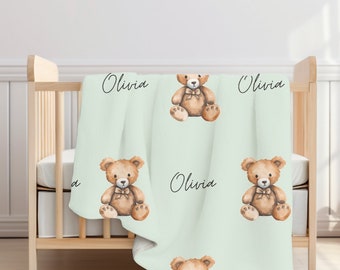 Manta de envoltorio de oso de peluche / manta personalizada con nombre de bebé / mantas de animales lindos / mantas suaves / manta de nombre personalizado / regalo único para bebés