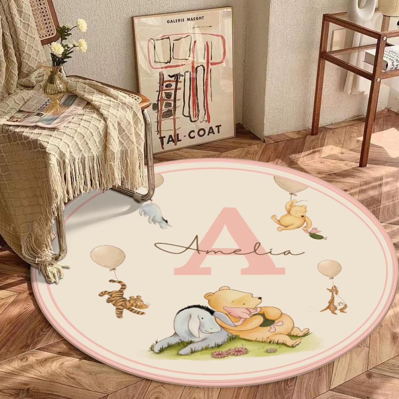Custom Winnie the Pooh Nursery Rug with Baby Name Pooh Bear Area Rug for Kid Bedroom Baby Shower Gift for Nursery room