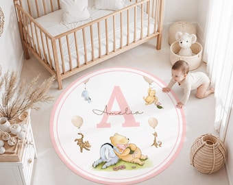 Custom Winnie the Pooh Nursery Rug with Baby Name Pooh Bear Area Rug for Kid Bedroom Baby Shower Gift for Nursery room
