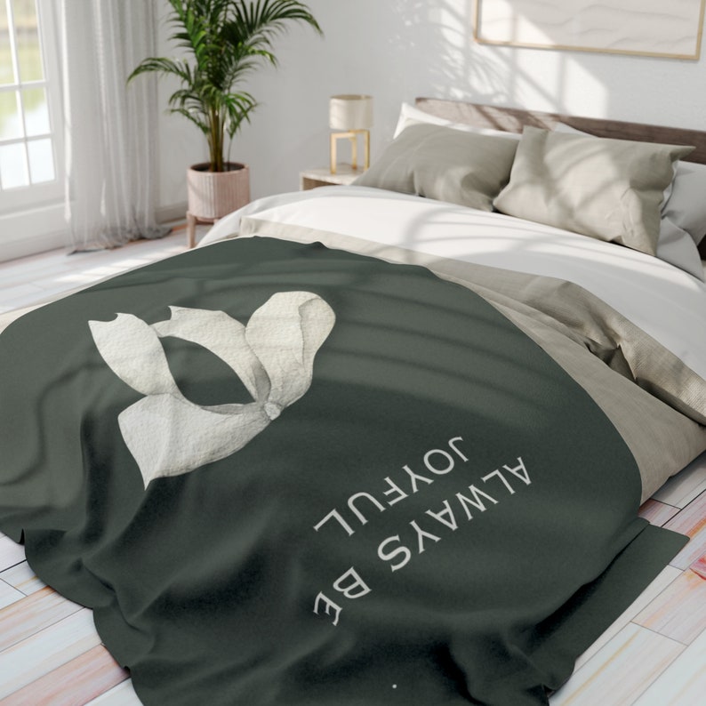 Always be joyful Green Blanket with White Ribbon Arctic Fleece Blanket Gifts for her throw in green blanket Birthday gift for teen image 2