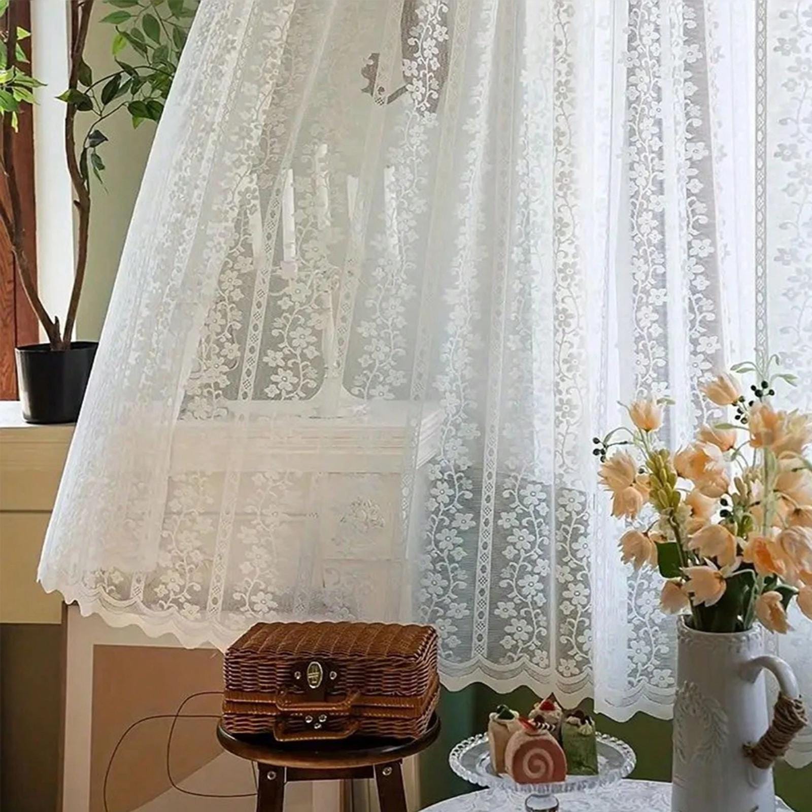 Romantic White Lace Sheer Curtains with Floral Vines, French Garden Style Custom Bedroom Drapes for Girls, Elegant Hollow Jacquard Fabric