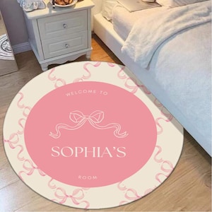 Pink Round Rug with Ribbon – Soft Bow Accent Rug for Girls Room, Nursery, Baby Girl Gift, Circle Rug for Bedroom or Vanity Decor