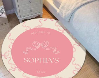 Pink Round Rug with Ribbon – Soft Bow Accent Rug for Girls Room, Nursery, Baby Girl Gift, Circle Rug for Bedroom or Vanity Decor