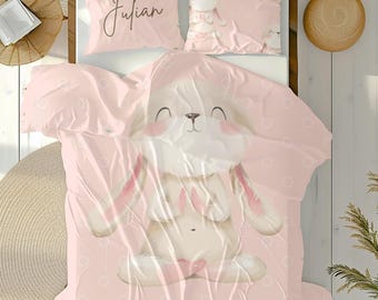Bunny Personalized Duvet Cover Set, Girl Custom Bedding, Cotton or Polyester