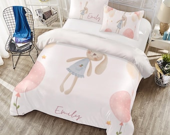 Personalized Bunny Kids Bedding Set – Custom Name Duvet Cover