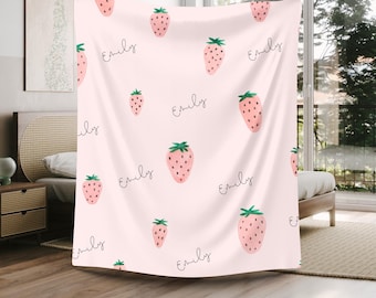 Custom Name Strawberry Blanket for Girls – Pink Personalized Kids Throw Blanket with Cute Fruit Pattern – Baby or Toddler Gift Idea