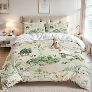 May include: A Winnie the Pooh themed bedding set featuring a cream background with a printed map of the Hundred Acre Wood. The map highlights various locations from the stories, including Rabbit's House, Owl's House, and the Sandy Pit. The bedding set includes a duvet cover and pillowcases.