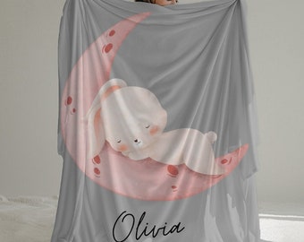 Dormir conejito rosa luna rosa / manta de bebé personalizada / mantas de animales lindos / mantas suaves / manta de nombre personalizado / regalo de bebé único