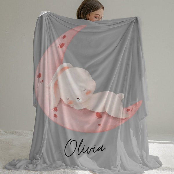 Sleeping Pink Bunny Pink Moon | Personalized Baby Blanket | Cute Animal Blankets | Soft Blankets | Custom Name Blanket | Unique Baby Gift