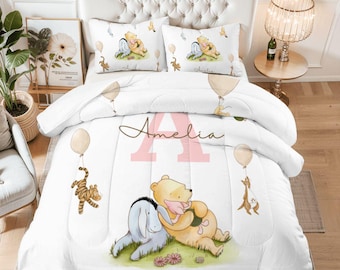 Conjunto de cama personalizado do Ursinho Pooh, capa de edredom com nome personalizado, presente para decoração de quarto de bebê