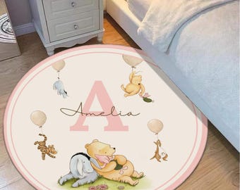 Custom Winnie the Pooh Nursery Rug with Baby Name Pooh Bear Area Rug for Kid Bedroom Baby Shower Gift for Nursery room