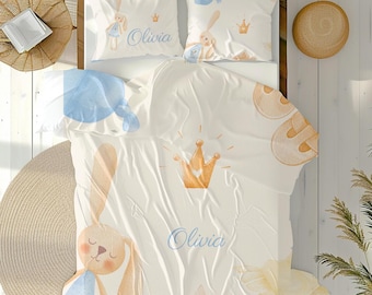 Personalized Name bedding Set - Custom duvet cover, Housewarming Gift, Custom Name Quilt, Kids Bedding, Birthday Present, Bunny kids duvet