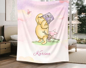 Personalized Winnie the Pooh Baby Blanket - Soft Plush Swaddle