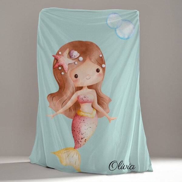 Mermaid Blue Fleece Blanket for gift blanket for kids, newborn blanket, cartoon blanket, toddle blanket, swaddle blanket, infant blanket