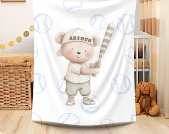 Copertina per neonati personalizzata con orsetto e tema baseball, regalo personalizzato con nome per neonati, copertina per cameretta, regalo per baby shower