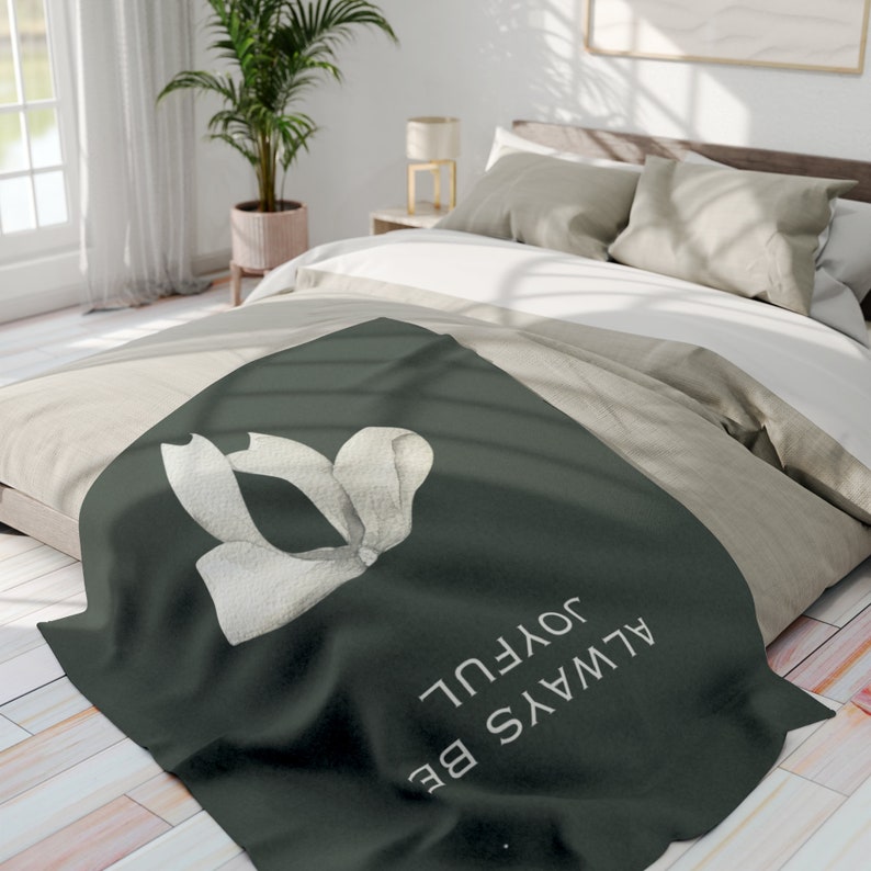 Always be joyful Green Blanket with White Ribbon Arctic Fleece Blanket Gifts for her throw in green blanket Birthday gift for teen image 4