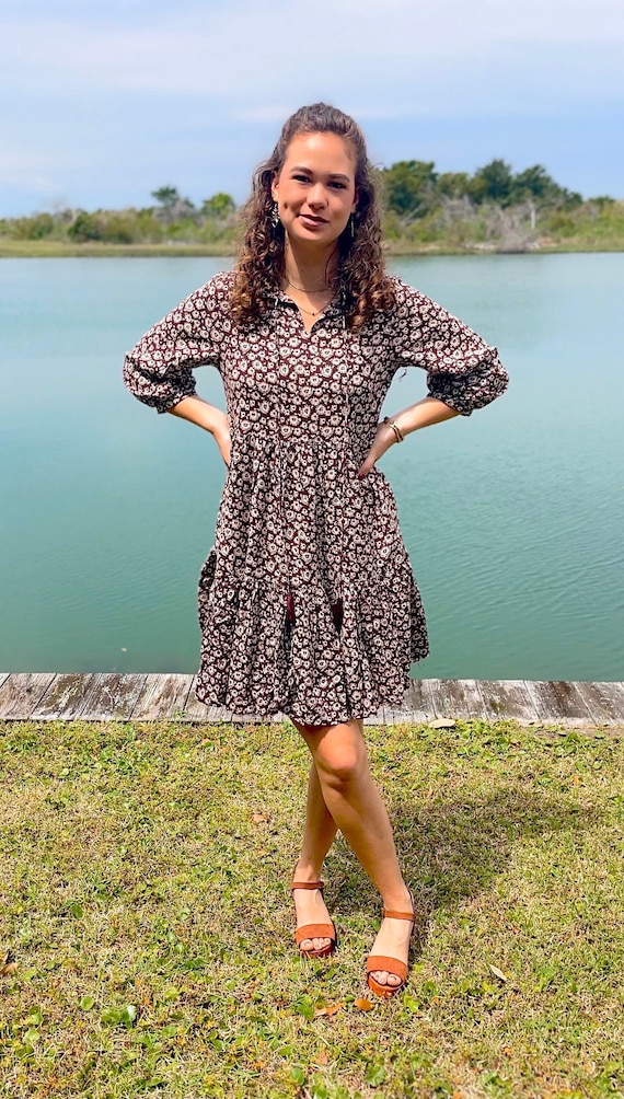 Espresso Brown Printed Summer Dress With Tassels and Pockets Hand