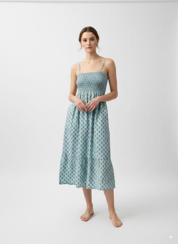 Smocked Maxi Dress: Organic Cotton Block Print Summer Dress