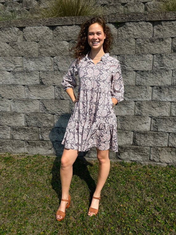 Gray and Pink Floral Cotton Summer Dress Pockets and Tassels Midi Dresses With 3 4th Sleeves Block Print Dress Sun Dresses for Women Etsy