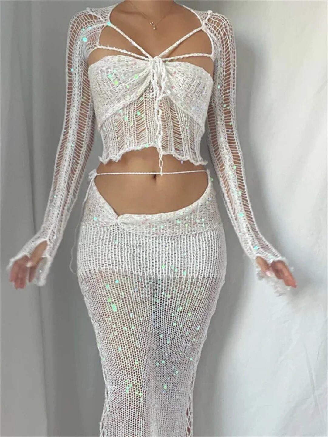Sequins Knitted Hollow Out Long Sleeve Crop Top and Midi Etsy