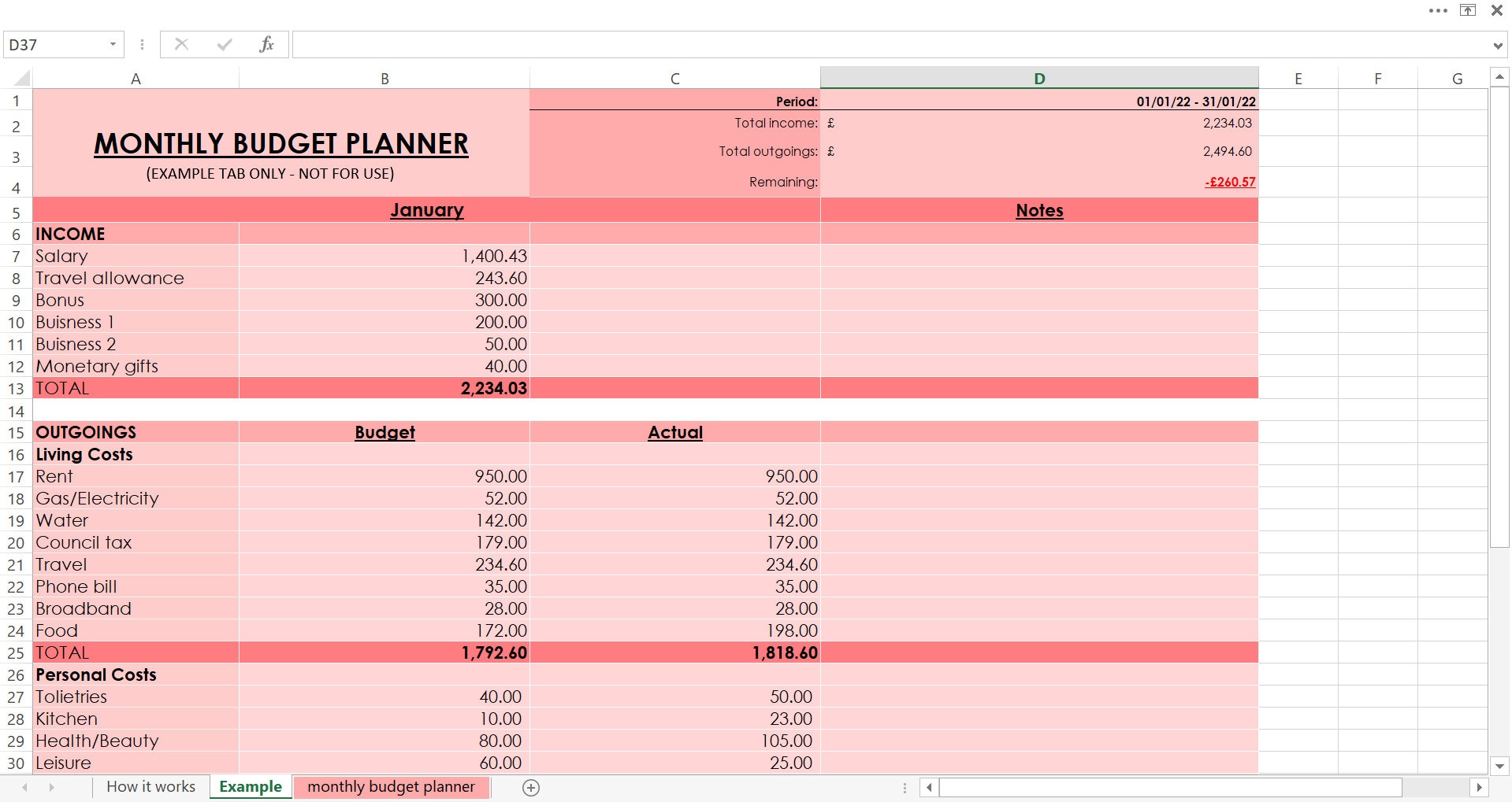 Monthly Budget Planner Excel Spreadsheet Pink Etsy