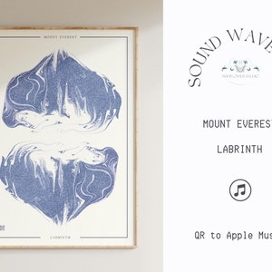 Op de afbeelding: Een ingelijste print van een blauw en wit abstract ontwerp met de tekst "Mount Everest Labyrinth" bovenaan en onderaan. De print is op een witte achtergrond en heeft een houten lijst.