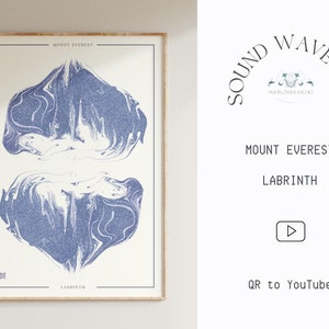 Op de afbeelding: Een ingelijste print van een blauw en wit abstract ontwerp met de tekst "Mount Everest Labyrinth" bovenaan en onderaan. De print is op een witte achtergrond en heeft een houten lijst.