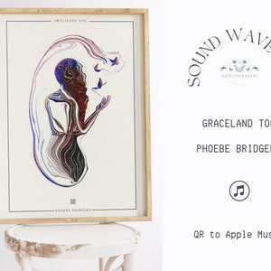 May include: A framed print of a digital art piece featuring a person with a swirling, abstract design in shades of blue, red, and black. The title "Graceland Too" and the artist's name "Phoebe Bridgers" are printed below the image.
