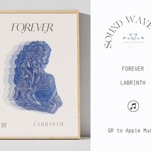 May include: A framed print with a blue and white abstract design. The print has the text "FOREVER" at the top and "LÁBRINTH" at the bottom. The print is titled "SOUND WAVE ART" and is by "MADOTNA DE STUDIO".