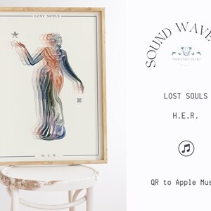 Puede incluir: Una impresión enmarcada de una mujer con un vestido fluido, con una estrella sobre su cabeza. La impresión se titula "Lost Souls" y la artista es H.E.R. La impresión está sobre un fondo blanco y tiene un marco de madera.